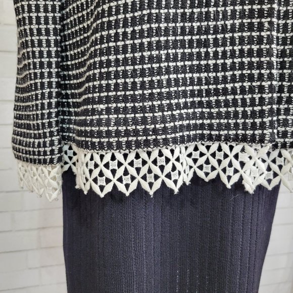 New St John Wool Silk Blend Lace Trim Black White Sweater Knit Skirt Suit Set - Picture 4 of 6
